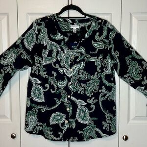 Croft & Barrow Black and Green Paisley Button-Up Blouse